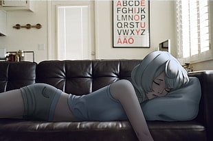 black leather 3-seat sofa, anime girls, sleeping, room, Mawa Setiawan
