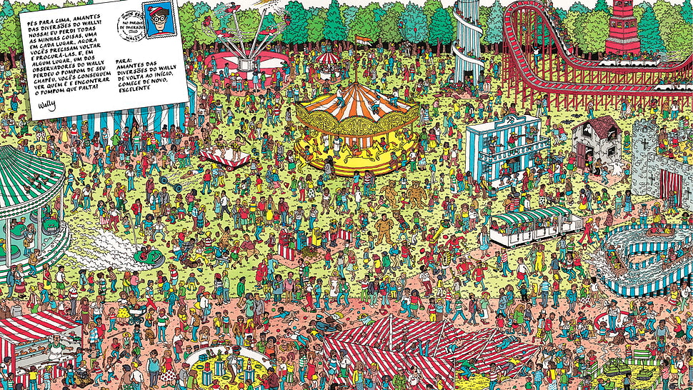 people at theme park painting, Waldo, puzzles HD wallpaper