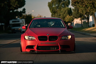 red BMW car with text overlay, BMW, BMW E92, BMW E92 M3, LB Performance HD wallpaper