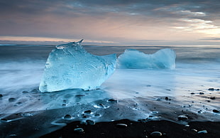 ice on body of water, iceberg, beach, sky, stones