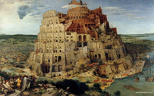 brown and white concrete building, painting, Tower of Babel