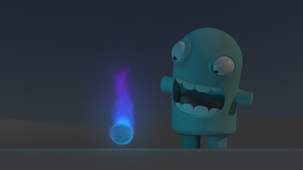 blue cartoon character, CG, fire, smiling HD wallpaper