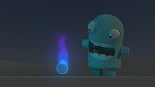 blue cartoon character, CG, fire, smiling