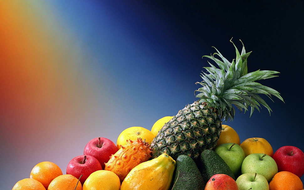 bunch of fruits, fruit, gradient, apples, orange (fruit) HD wallpaper