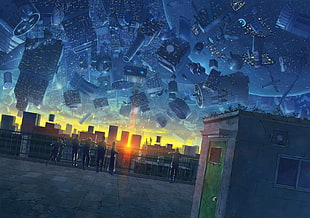 students on school balcony illustration, fantasy art, anime, cityscape HD wallpaper