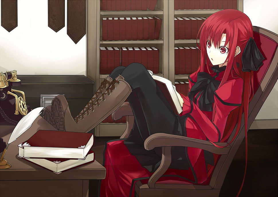 red and white wooden rocking chair, anime, manga, Pixiv Fantasia, redhead HD wallpaper