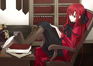 red and white wooden rocking chair, anime, manga, Pixiv Fantasia, redhead