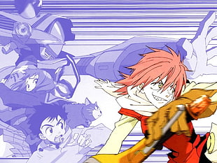 orange male anime character digital wallpaper, FLCL, Nandaba Naota, Haruhara Haruko, Samejima Mamimi HD wallpaper