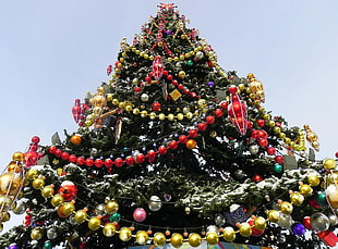 assorted color of baubles in christmas tree