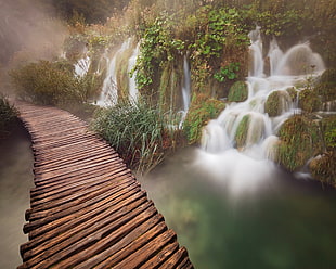 white and green floral textile, waterfall, bridge, long exposure