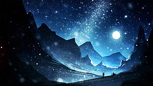 blue and black valley painting, digital art, constellations, mountains, looking into the distance