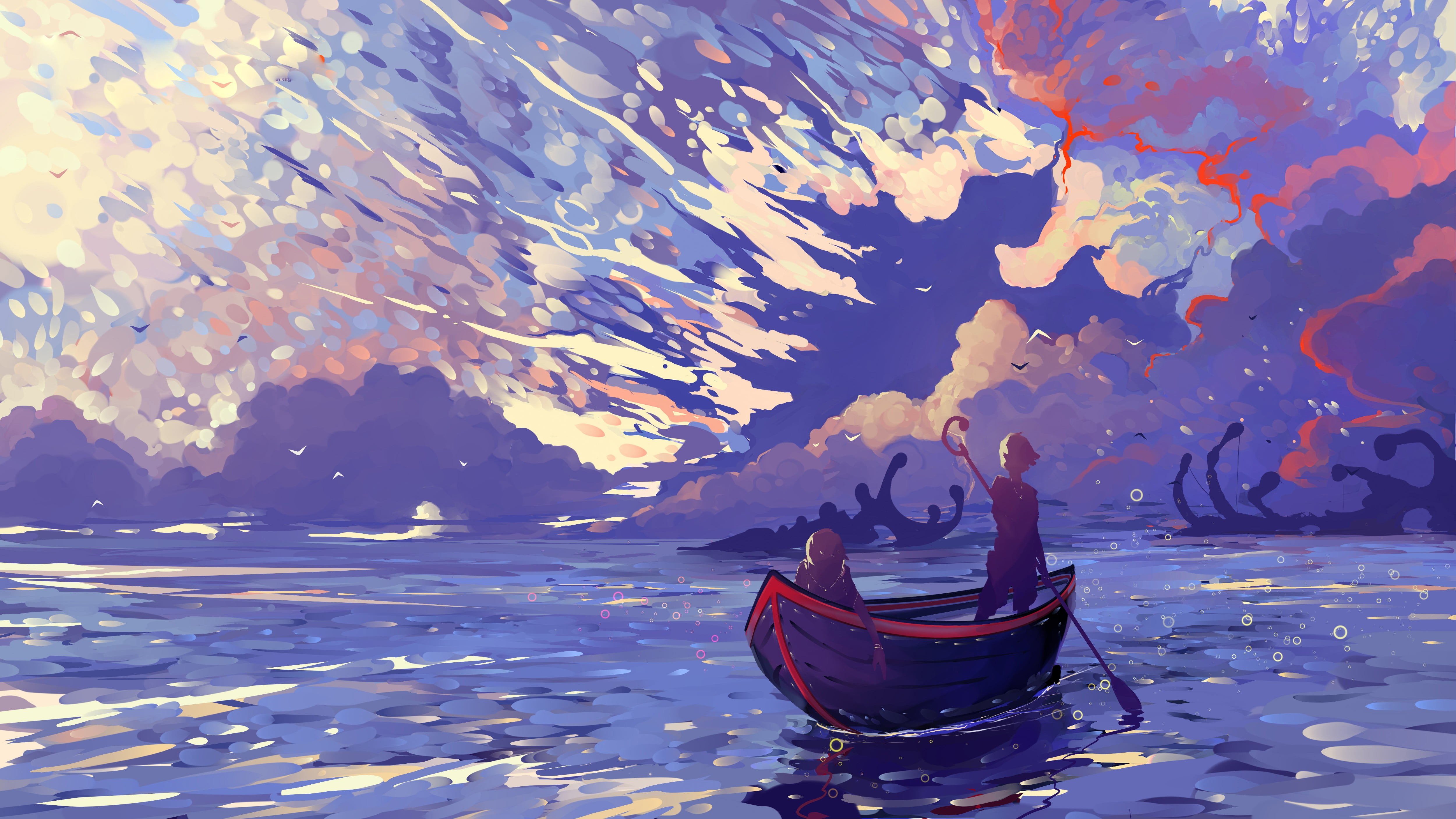 Boat painting, digital art, artwork, sky, illustration HD wallpaper