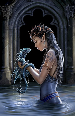 woman holding dragon illustration