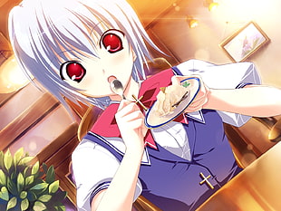 gray haired anime girl eating cake graphic illustration