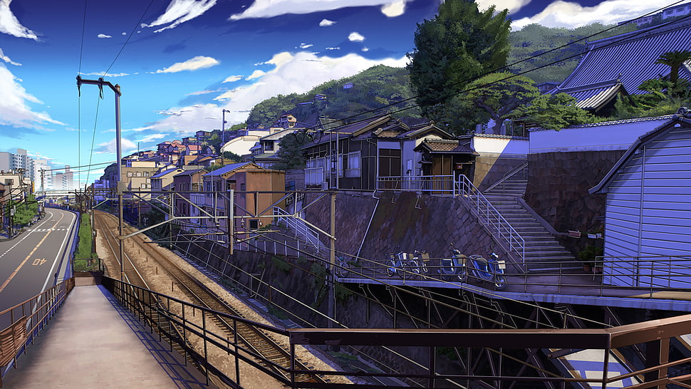 blue and white concrete building, sky, clouds, anime HD wallpaper