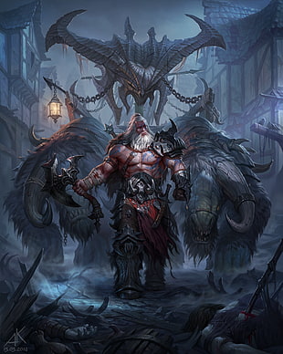 man holding axe wallpaper, Diablo III, video games, Barbarian, artwork HD wallpaper