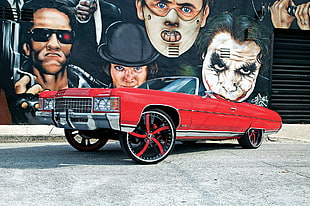 red coupe, car, graffiti, pimp, Chevrolet