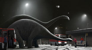 two black dinosaur statues, Alexey Andreev, artwork, concept art, surreal HD wallpaper