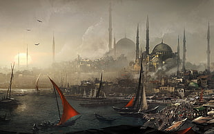 white and red sailboat, mosque, Istanbul, Turkey, Assassin's Creed: Revelations