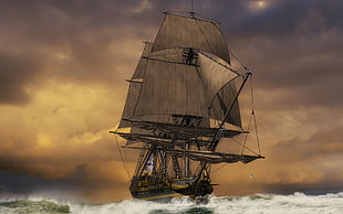 black galleon at sea painting, boat, artwork, pirates