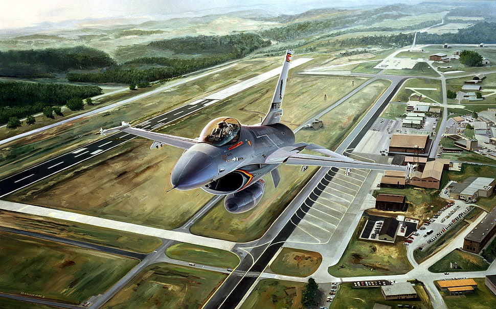 gray jetplane illustration, drawing, aircraft, military aircraft, airfield HD wallpaper