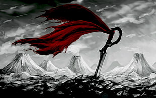 sword on stone with red textile illustration, Kill la Kill, selective coloring, fantasy art, anime