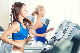 women's blue crop top, women, treadmills, exercising, fitness model