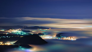 mountains during nighttime, nature, landscape, evening, lights HD wallpaper
