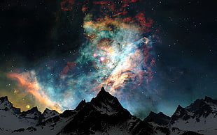 glacier mountain, space, stars, nebula, galaxy