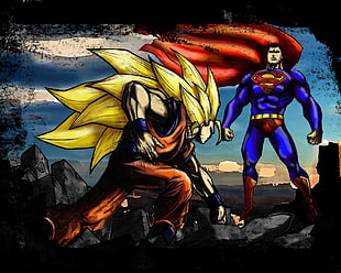 Super Saiyan 3 Goku and Superman illustrations HD wallpaper