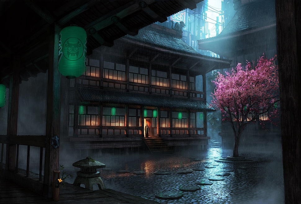 Temple and Sakura tree wallpaper, rain, lantern, drawing, cherry blossom HD wallpaper