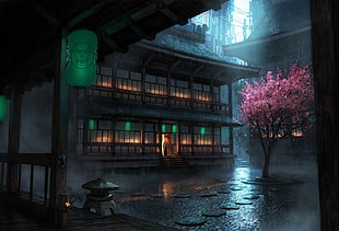 Temple and Sakura tree wallpaper, rain, lantern, drawing, cherry blossom