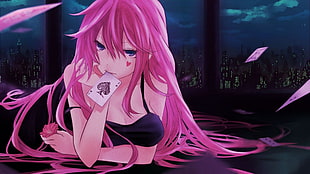 female anime eating spade of card, anime, Vocaloid, pink hair, Megurine Luka