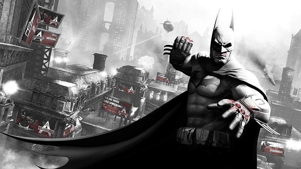 Batman poster with high-rise building background photo HD wallpaper