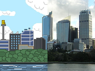 high-rise buildings collage, pixels, pixel art, cityscape, building