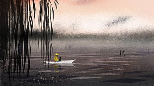 person on canoe on body of water painting, nature, landscape, digital art, water