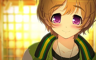 male anime character wearing green and yellow collared shirt