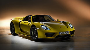 yellow Porsche 918 Spyder convertible coupe, Porsche 918 Spyder, car HD wallpaper