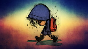 child wearing blue hooded top and red backpack artwork, children, blue, sad, rain