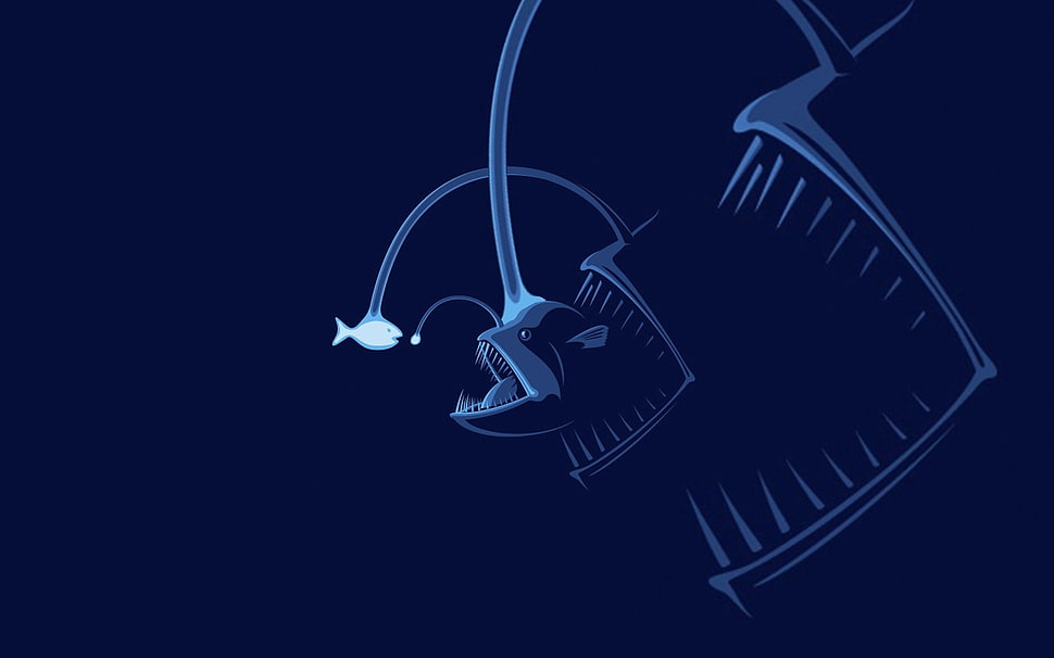 angler fish artwork, humor, blue, fish, Anglerfish HD wallpaper
