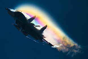 gray jet, Sukhoi Su-34, rainbows HD wallpaper