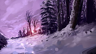 bare tree on snowy field digital wallpaper, fantasy art