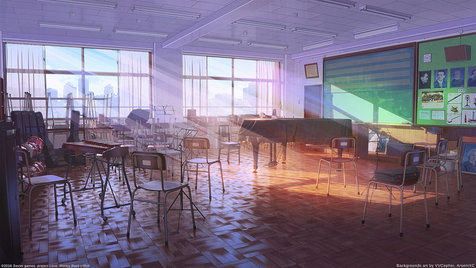 brown wooden table with chairs, classroom, realistic, window HD wallpaper