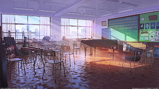 brown wooden table with chairs, classroom, realistic, window