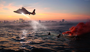 black helicopter above the sea HD wallpaper