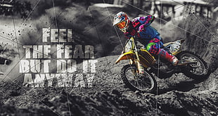yellow dirt bike with text overlay, feelings, quote, black, white