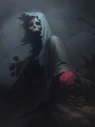 grim reaper illustration, drawing, death, fantasy art, rose