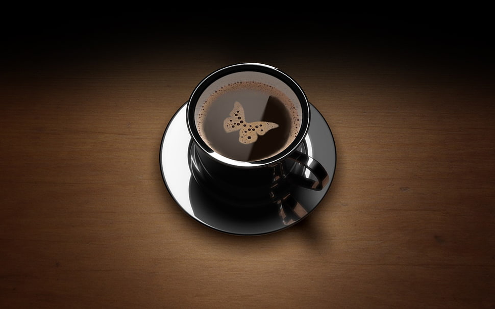 round black teacup with saucer, coffee, butterfly HD wallpaper