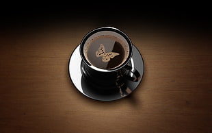 round black teacup with saucer, coffee, butterfly HD wallpaper