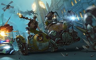 animated illustration of duo in motorcycle with side car